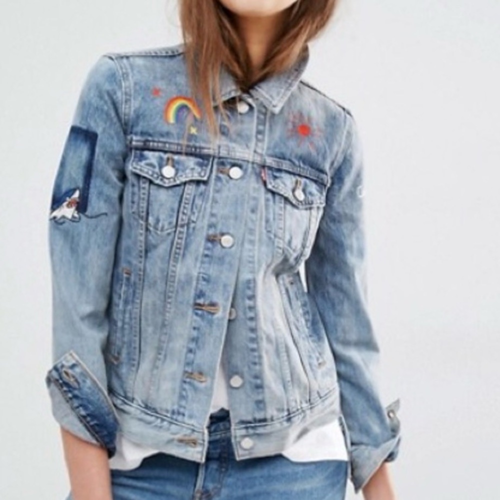 Light Wash Embroidered Denim Jacket - Rainbow & Shark Motifs
